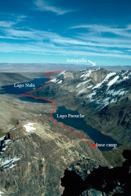  Areal view of the approach from Antaquilla to base camp. Apolobamba.