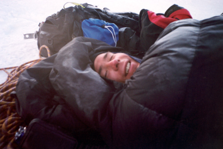 Michael Whlin in the bivouac after climbing Huayna Potosi West Face.