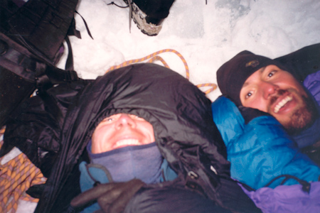 Michael Whlin and Olof Dallner in the biouvac under the West Face of Huayna Potosi.