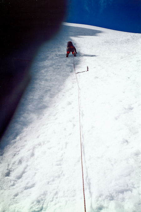 Michael Whlin on steep ice. Nevado Jacha Huaracha, Apolobamba, Bolivia.