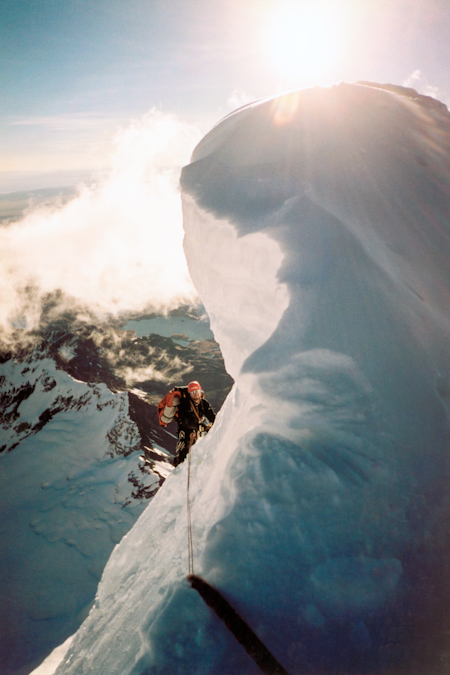 Olof Dallner below the cornice on the West Face, Huayna Potosi. Photo Michael Whlin