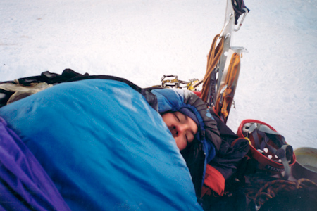 Olof Dallner in the bivouac after climbing Huayna Potosi West Face.