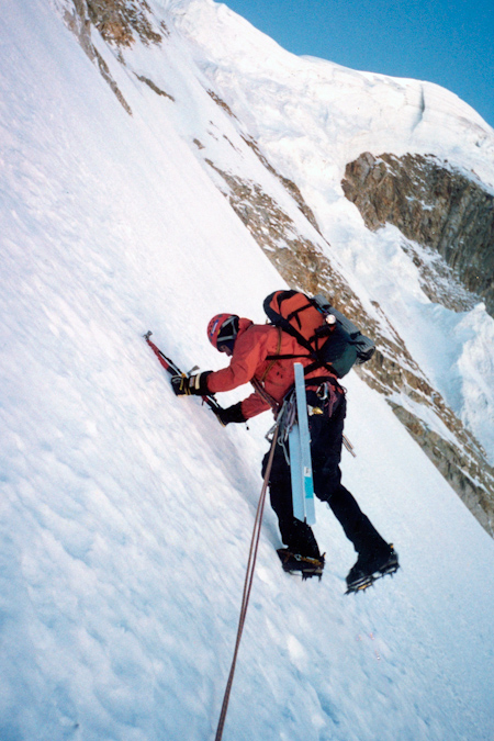 Olof Dallner on the traverse above the hanging glacier, Huayna Potosi West Face.