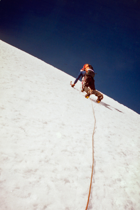 Olof Dallner on steep ice high up on the north face of Nevado Jacha Huaracha.